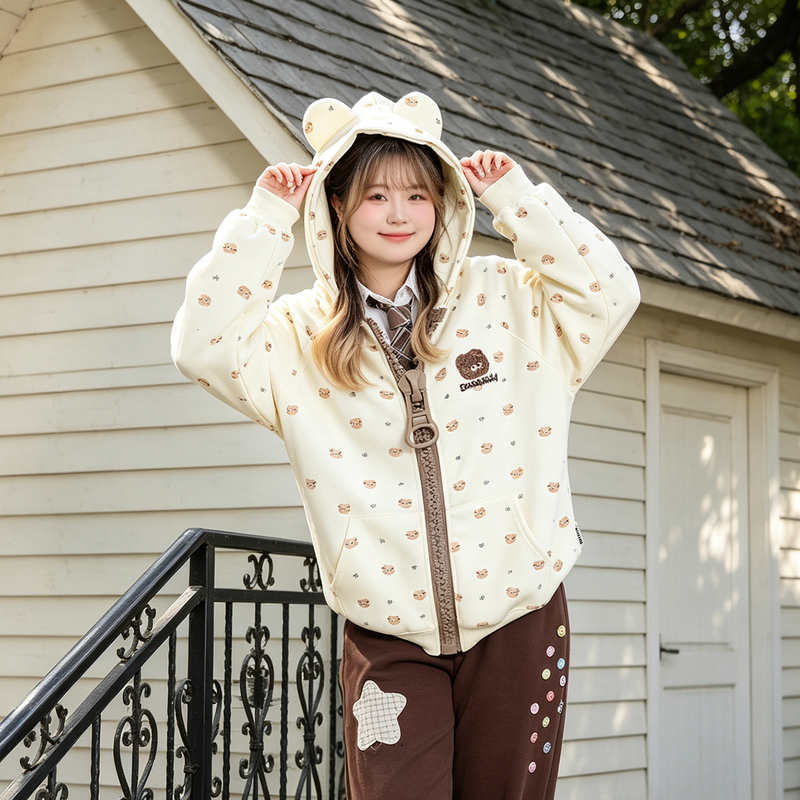 150kg Plus Size Fat Girl American Style All-Over Bear Print Hooded Sweatshirt Women's Autumn and Winter Loose Sweet Girl Cute Cardigan Jacket 150kg Plus Size Fat Girl American Style All-Over Bear Print Hooded Sweatshirt Women's Autumn and Winter Loose Sweet Girl Cute Cardigan Jacket
