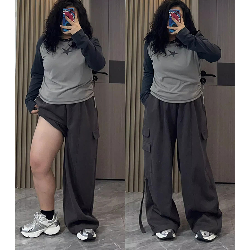 150kg Plus Size Women's Clothing American Retro Cargo Pants for Women, High-Waisted, Loose, Slimming, Wide-Leg, Straight-Leg Casual Pants