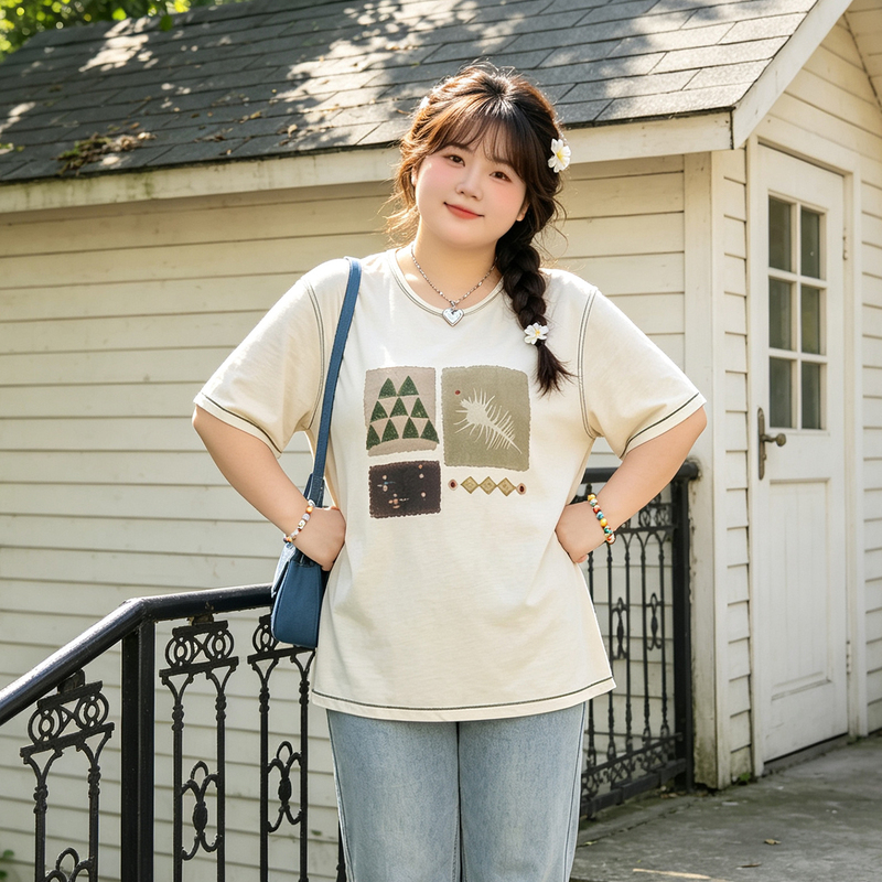 150kg Plus Size Fat Girl Summer Design Cartoon Print Short-Sleeved T-Shirt for Women, Loose, Slimming, Age-Reducing Casual Top 150kg Plus Size Fat Girl Summer Design Cartoon Print Short-Sleeved T-Shirt for Women, Loose, Slimming, Age-Reducing Casual Top