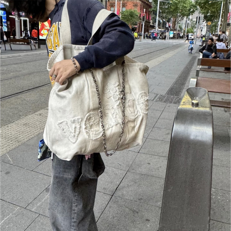 Erl Daisy Stitched Off-White Distressed Large Capacity Tote Bag for Men and Women, Vintage ins High-End Wide Strap Canvas Bag