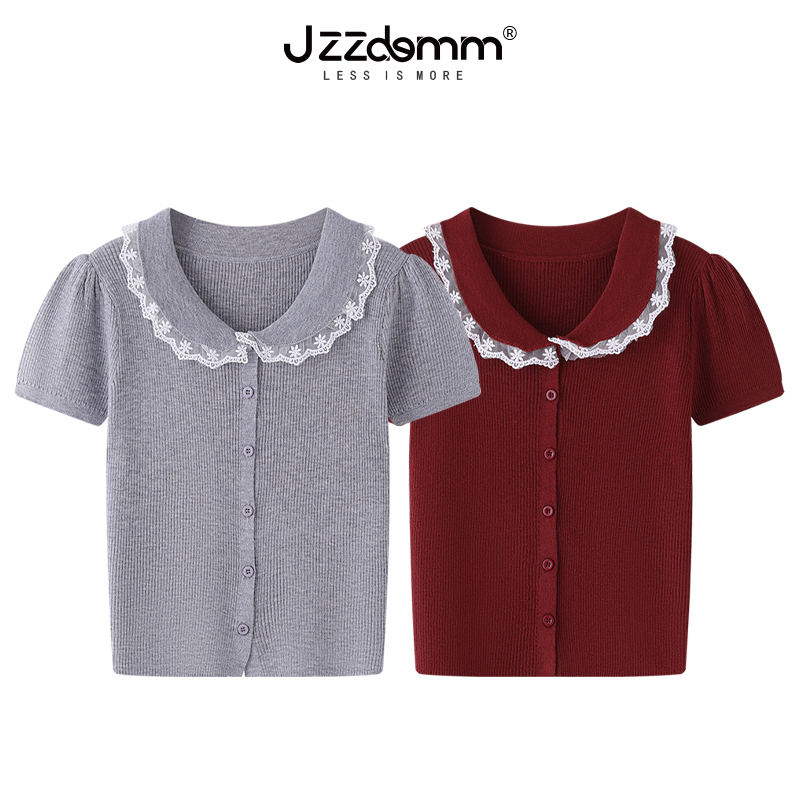 Kyushu Eslite/Jzzdemm 2025 New Lace Doll Collar Puff Shoulder Ribbed Knit Short-Sleeve Cardigan for Women