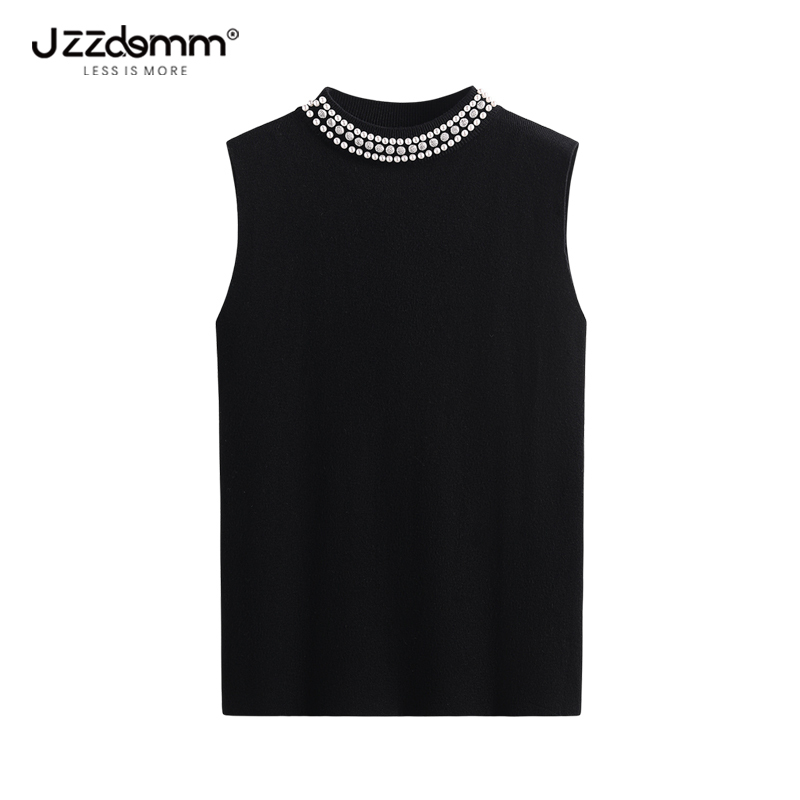 Kyushu Eslite/Jzzdemm Collar with Three Rows of Beaded Chain Decoration, Stylish Knitted Vest for Women, Trendy Outerwear Top