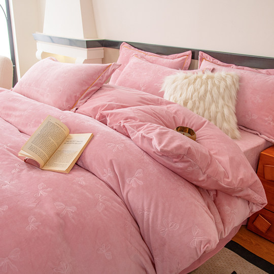 A3 Ji Hilton Autumn and Winter Category A 9D Ultrasonic Embossed Icelandic Velvet Warm and Quick-Heat Four-piece Set Quilt Cover Sheet Sheet