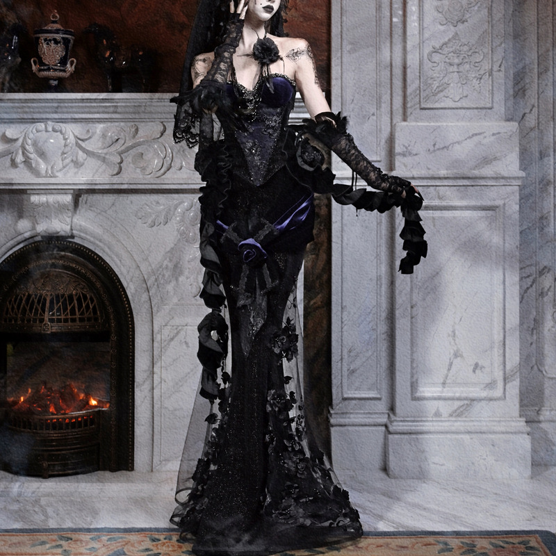 Blood Supply Original ◆ Day of Mourning Gothic Luxurious European-Style Beaded Embroidered Fishtail Dress Long Dress Autumn