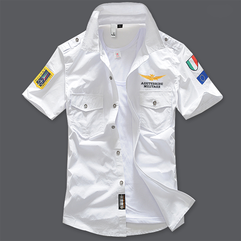 Summer Men's Air Force Shirt American Short-Sleeved Navy Square Collar Shirt Large Size Uniform Slim Fit Military Spring and Autumn Thin Style