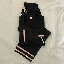 Spring new European and American High Sensation True Silk Slip Black Long Sleeves Long Pants Pyjamas Women Spring Ice Silk Can Be Worn Out