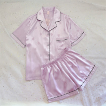 2022 New Products Europe Station Clear Cloves Purple Love Real Silk Sliding Pyjamas Woman Short Sleeve Summer Ice Silk Suit