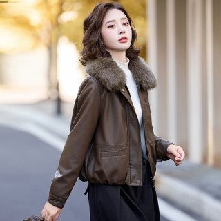 咖色可拆卸毛领加绒加厚皮衣短外套女冬季新款小个子PU皮棉衣夹克