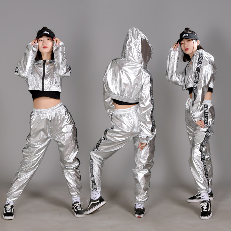 Bright silver jazz dance navel sports suit short string standard sweater hip-hop team dance custom 085