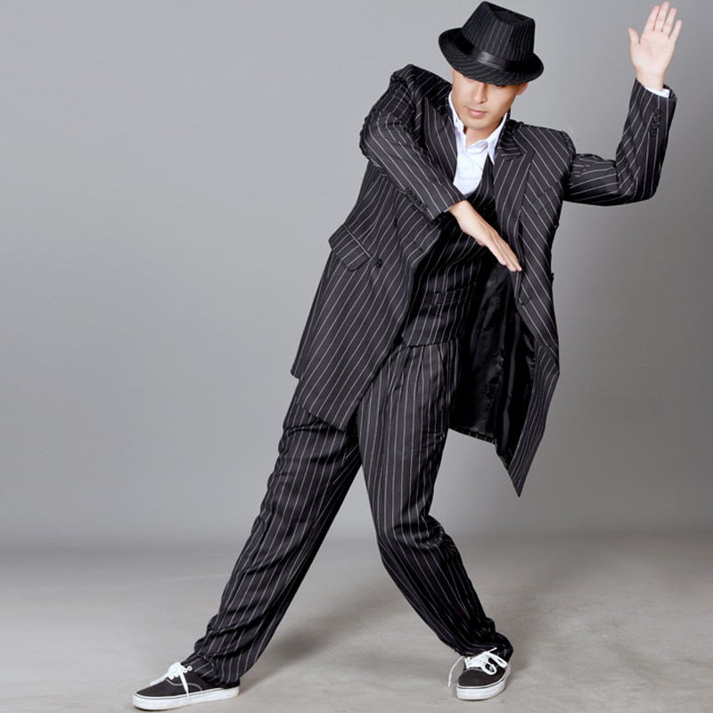 poppin western-style suit lockin street dance mechanical dance striped ultra-long suit Costume Out team Custom 072