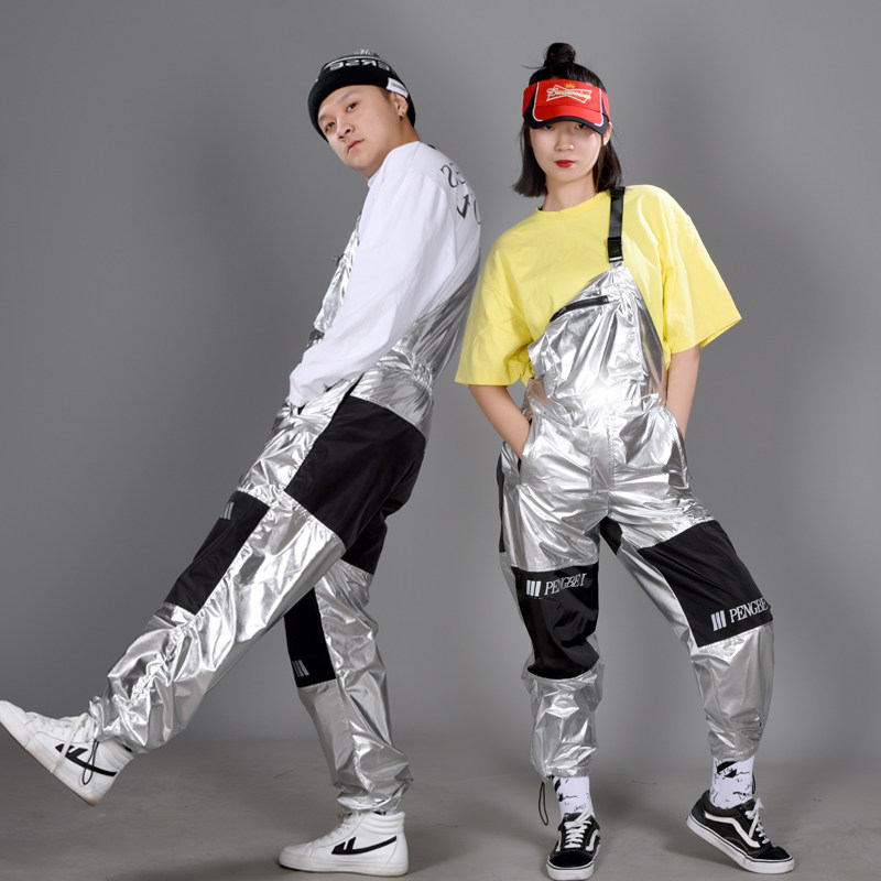 Shiny silver hip-hop men's overalls retro loose harem pants female hip-hop dance team custom 071
