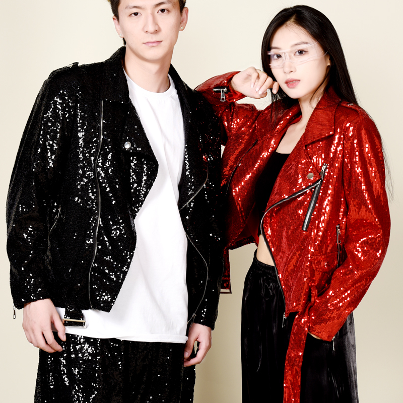 Hong Kong Style Retro Sequin Biker Jacket Embroidered with Beads Unisex Short Coat Street Dance Jazz Dance Team Performance 436