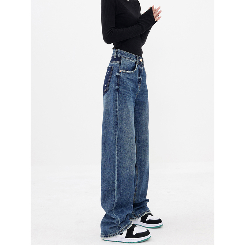 Mk Design Wide-Leg Jeans for Women, New Summer Style, Versatile, Drapey, Dark Blue, Retro Casual Straight Pants