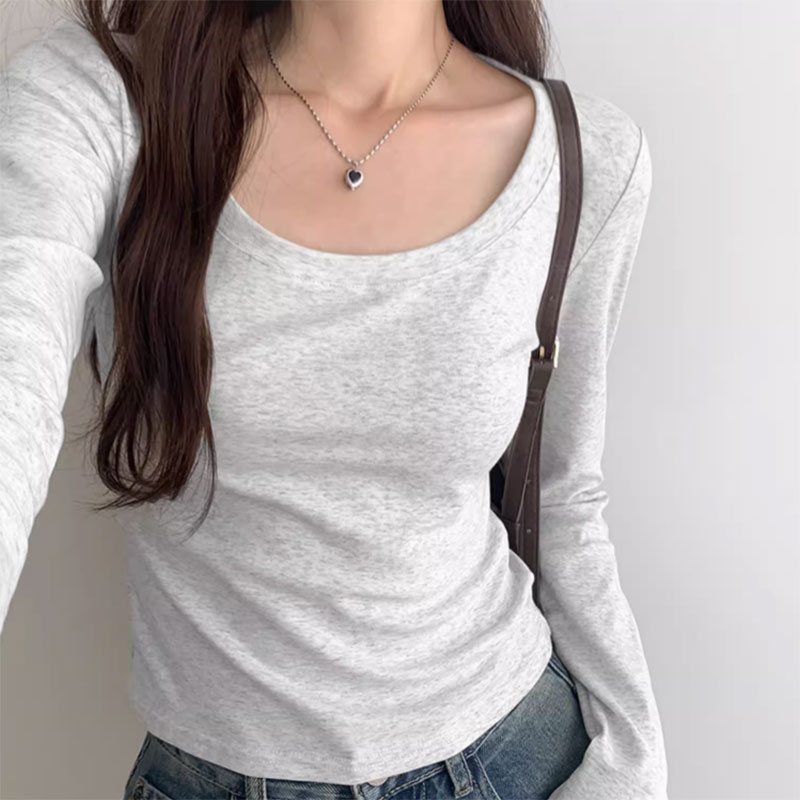 Homemade ~ European goods low round collar positive shoulder long sleeve T-shirt woman autumn new conspicuge slim fit foreign air base punch base blouses-Taobao