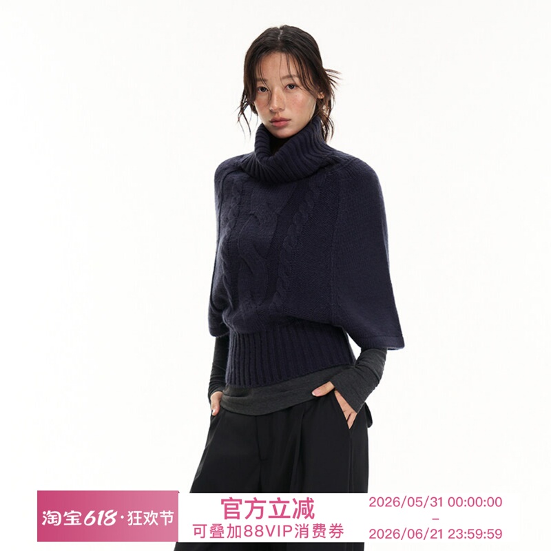 Heyabc Korean Style Turtleneck Half-Sleeve Sweater for Women, Elegant and Lazy Style, Batwing Sleeve Cape Knit Top
