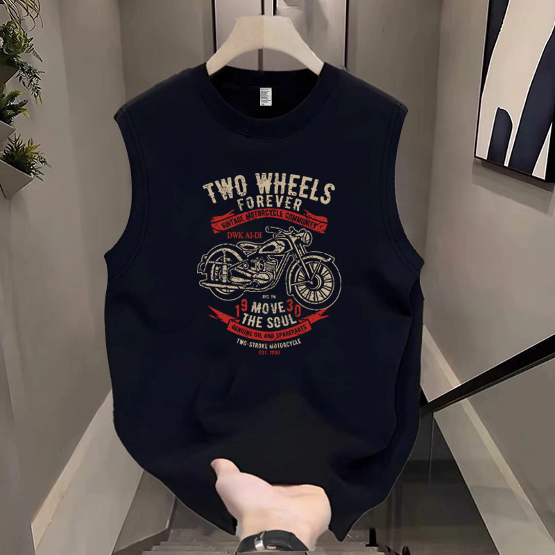 Motorcycle Print Cotton Vest Men's Sleeveless T-Shirt Summer Trendy Versatile Sports Vest Top Undershirt