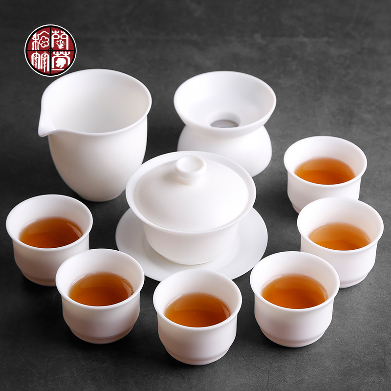 Fujian dehua suet jade white porcelain kung fu tea set pack of a complete set of jade porcelain pure white household biscuit firing tureen office