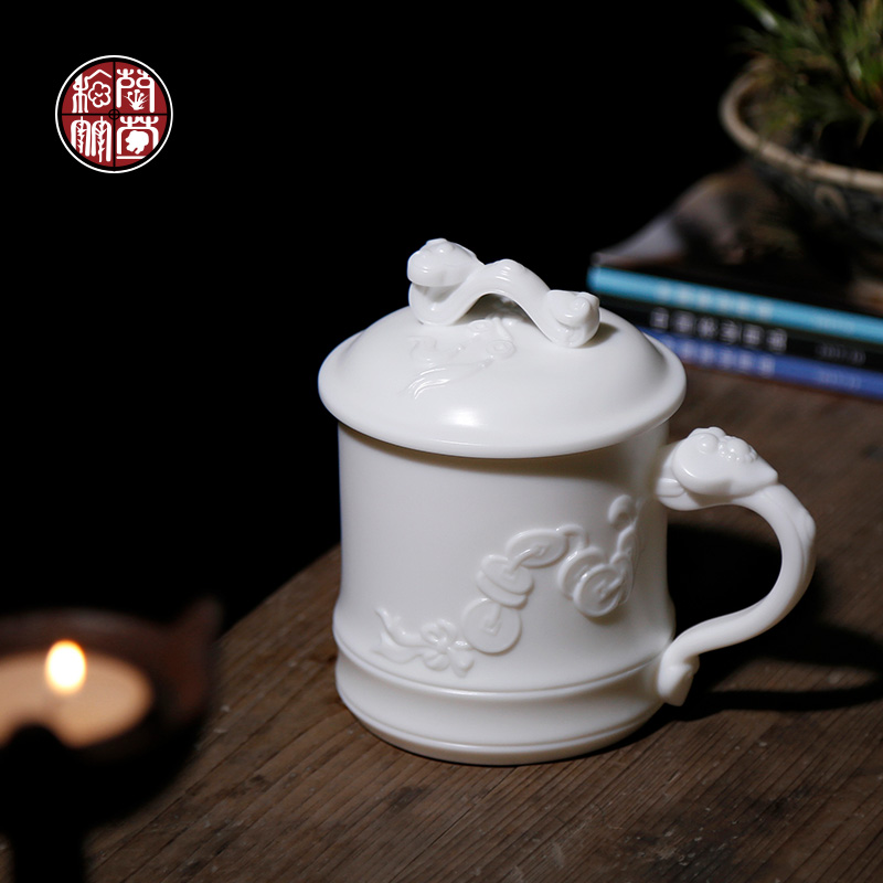 Luck, guo - jin zhang pure manual glass dehua white porcelain cup with the ceramic with cover suet jade tea cup
