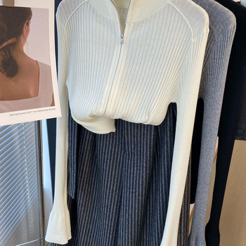 Thin, Slim-Fitting Korean Dongdaemun Bell-Sleeve Ribbed Slim-Fit Zipper Knit Sweater for Women, Winter Half-High Collar Base Shirt