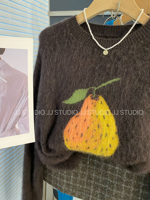 Brushed wool Korean Dongdaemun colorful fruit jacquard loose wool sweater women's winter knitted sweater top