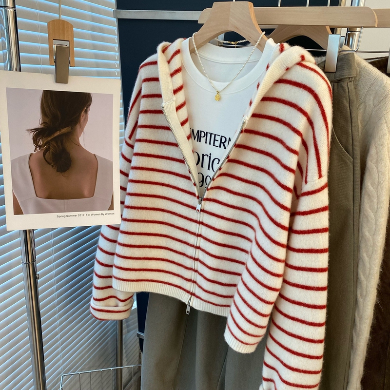 Casual Striped Korean Dongdaemun Comfortable Hooded Loose Zipper Wool Sweater Coat for Women Striped Knitwear