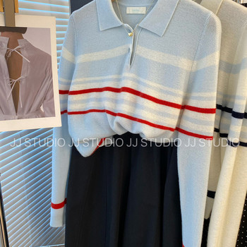 Guaiguai Brand Korean Dongdaemun Sweet Polo Small Lapel Loose Color-Blocked Striped Wool Knit Top for Women