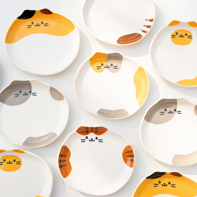 Half Village Japanese Fat Cat Series Ceramic Underglaze Small Plate Appetizer Plate Dessert Plate High-Value Tableware