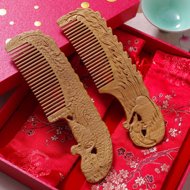 Green Sandalwood Dragon Phoenix Wedding to Comb Flowers Wedding Celebration Gift Comb Suit Custom Lettering GIFT BOX ANTISTATIC GIFT