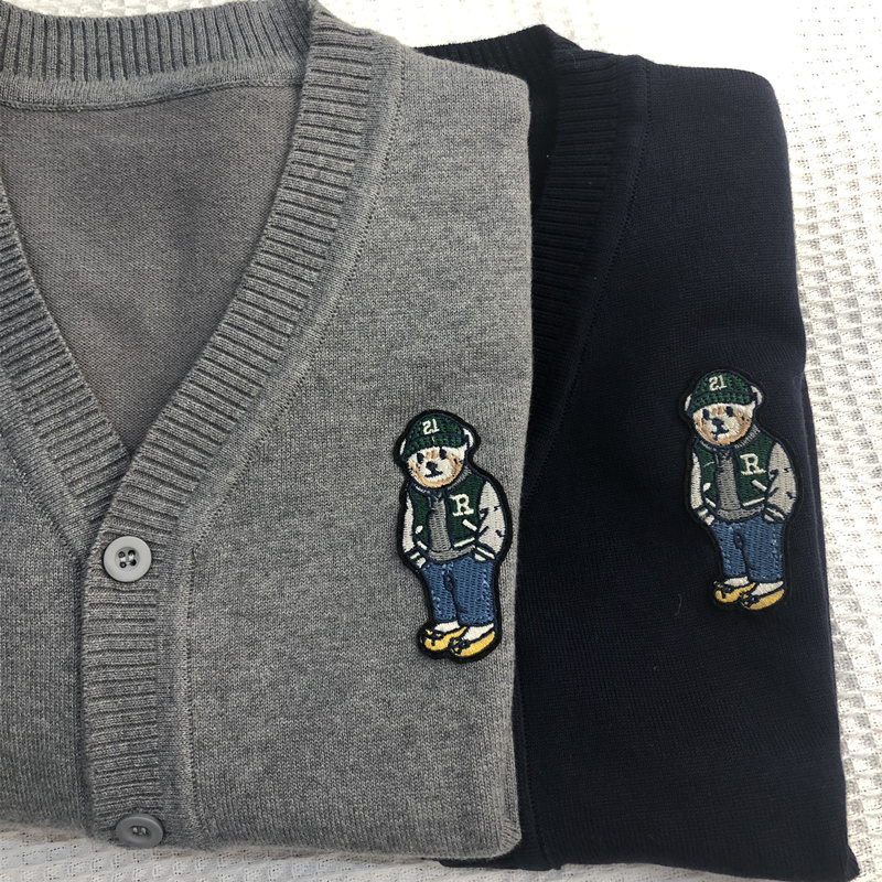 Children's Knitted Cardigan with Embroidered K Bear Sweater, Preppy Style for Young and Older Children, 9 Cotton Threads, Spring and Autumn Parent-Child Jacket