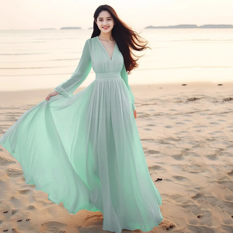 Sanya Seaside Vacation Beach Dress High-End Chiffon Long Skirt V Neck Lantern Sleeve White Fairy Dress Sanya Seaside Vacation Beach Dress High-End Chiffon Long Skirt V Neck Lantern Sleeve White Fairy Dress