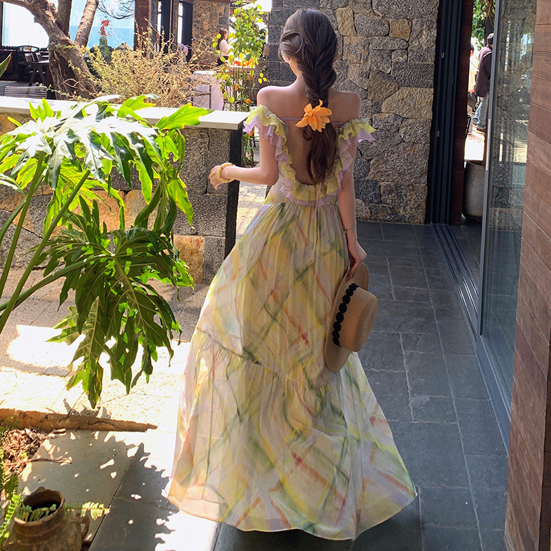 Romantic Printed Contrasting Color Ruffled Backless Dress Seaside Resort Style Fairy Long Dress Art Student Bright Outfit