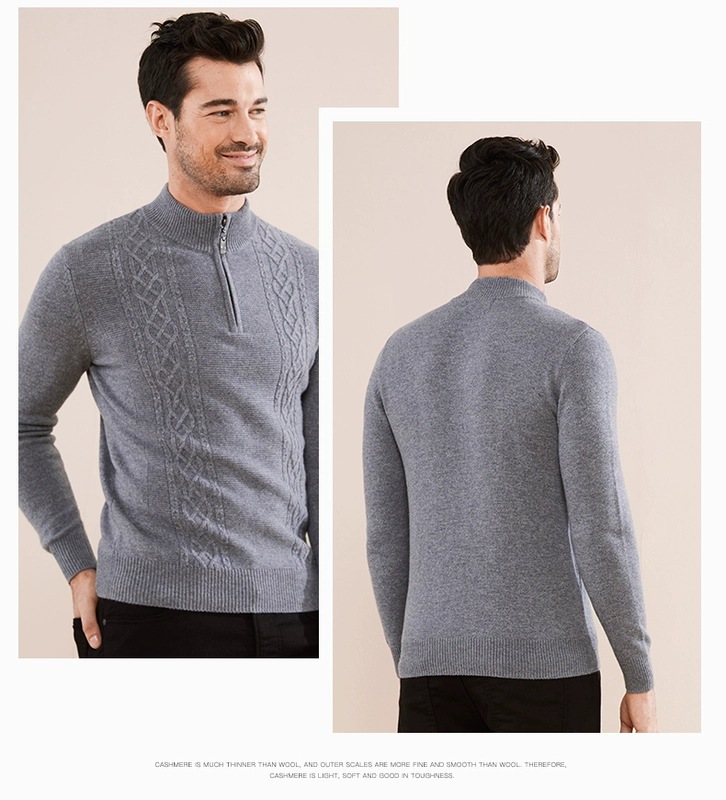 Hengyuanxiang trung niên nam tinh khiết áo len cashmere mùa đông dây kéo nửa cao cổ áo cơ sở dài tay áo len dệt kim dày - Áo len Cashmere