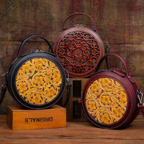 New lady round small bag genuine leather retro handbag headsheet Bull Leather single shoulder bag embossed leather carving technique bag