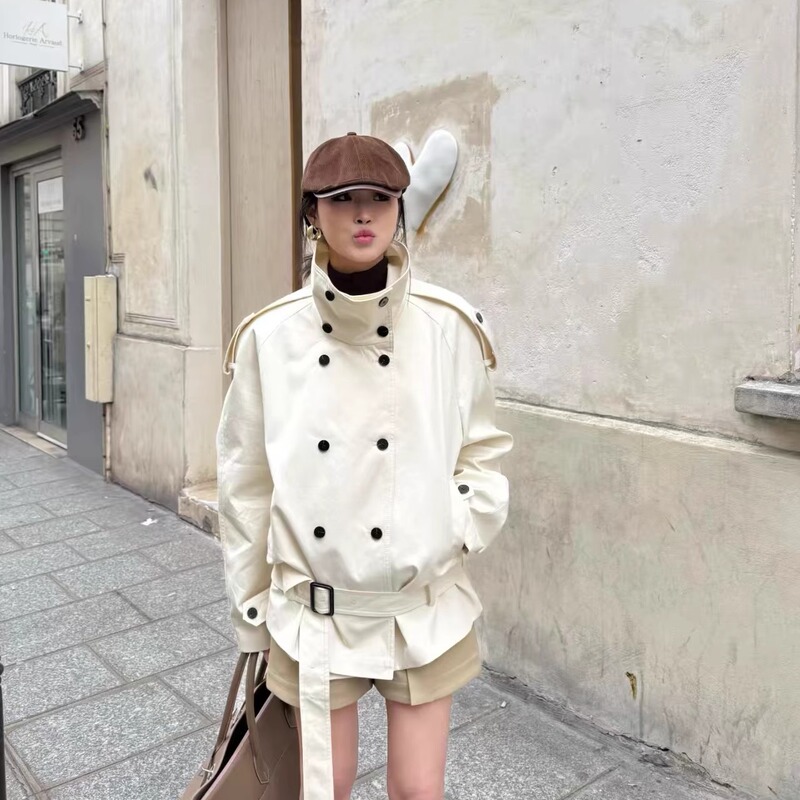 26 Autumn Stand-Up Collar Curved Shoulder Short Low-Waist Silhouette Short Long-Sleeve Trench Coat