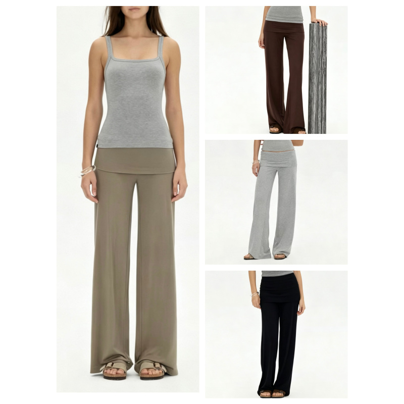 High-Quality "Anti-Pilling and Anti-Shrink" Afternoon Stretch Breathable High-Waisted Fold-Over Straight-Leg Pants
