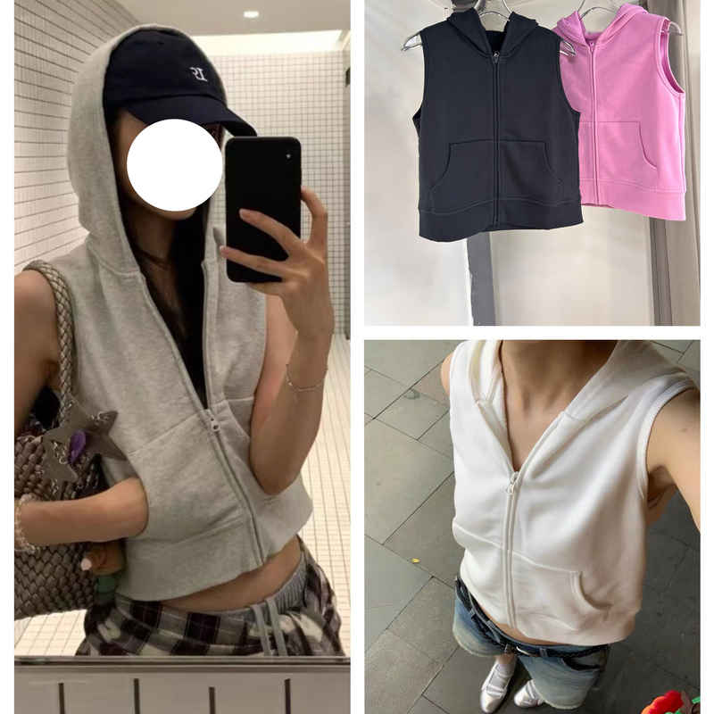 In-Stock Summer Four-Color Zip-Up Soft Cotton Sleeveless Hooded Sports Sweatshirt Vest