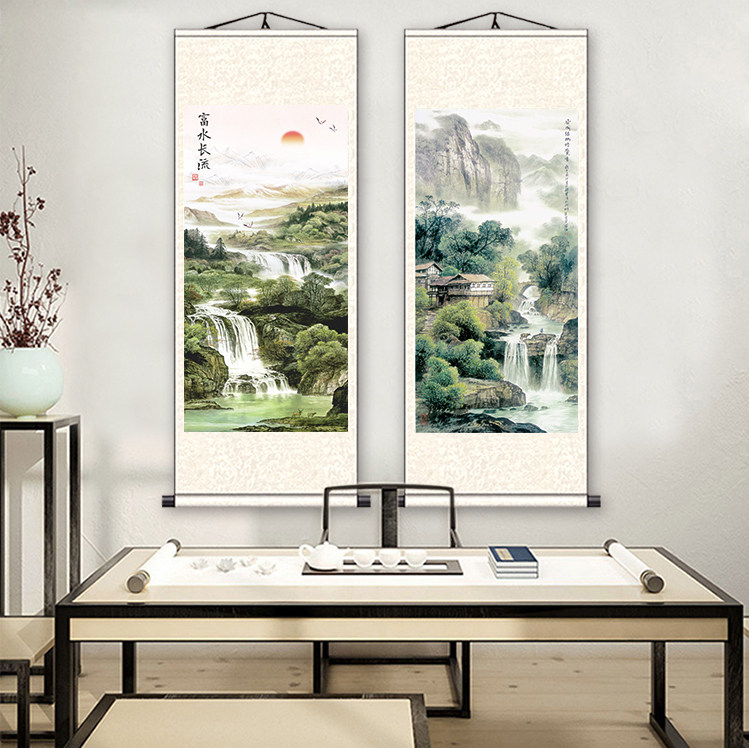 Fushui Changliu Qingshan buildings hanging paintings landscape painting Chinese painting living room office decoration painting feng shui painting silk painting