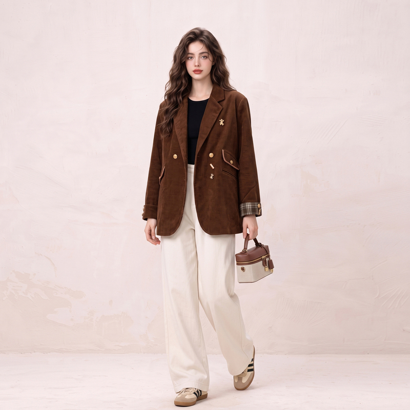 Maillard Brown Blazer for Women 2026 New Autumn American Retro Style Corduroy Suit Jacket Maillard Brown Blazer for Women 2026 New Autumn American Retro Style Corduroy Suit Jacket