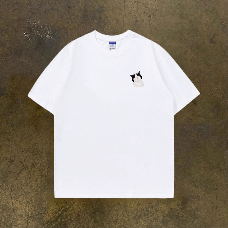 Adonis Heavyweight Pure Cotton 300g Small Logo Black and White Cow Cat Print Short-Sleeve Simple Niche Loose T-Shirt