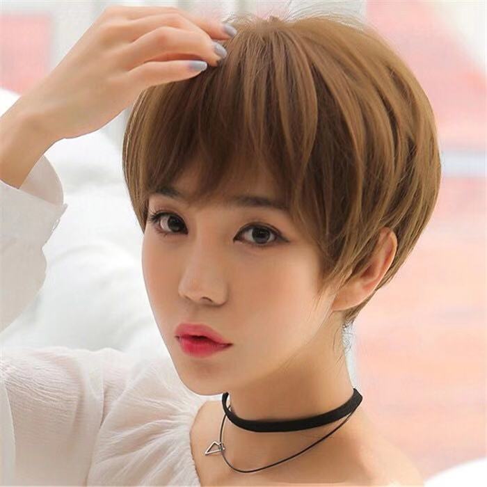 Cute and handsome wig girl short straight hair short hair wig black brown light brown personality male hair full headgear