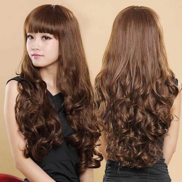 Wig female Qi oblique bangs whole wig set long curly hair realistic fluffy short hair wig piece straight hair wig ponytail