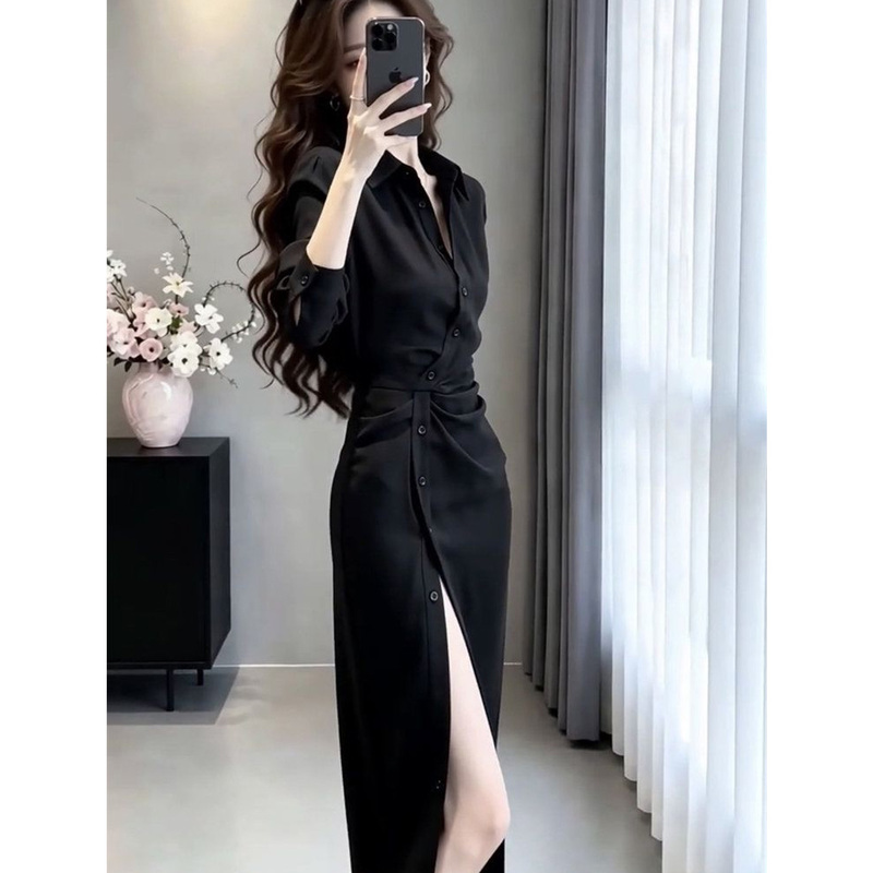 French-Style Black Dress for Women, 2026 Autumn New Design with Pleated Waist, Stylish Slit Long Dress, Shirt Dress French-Style Black Dress for Women, 2026 Autumn New Design with Pleated Waist, Stylish Slit Long Dress, Shirt Dress
