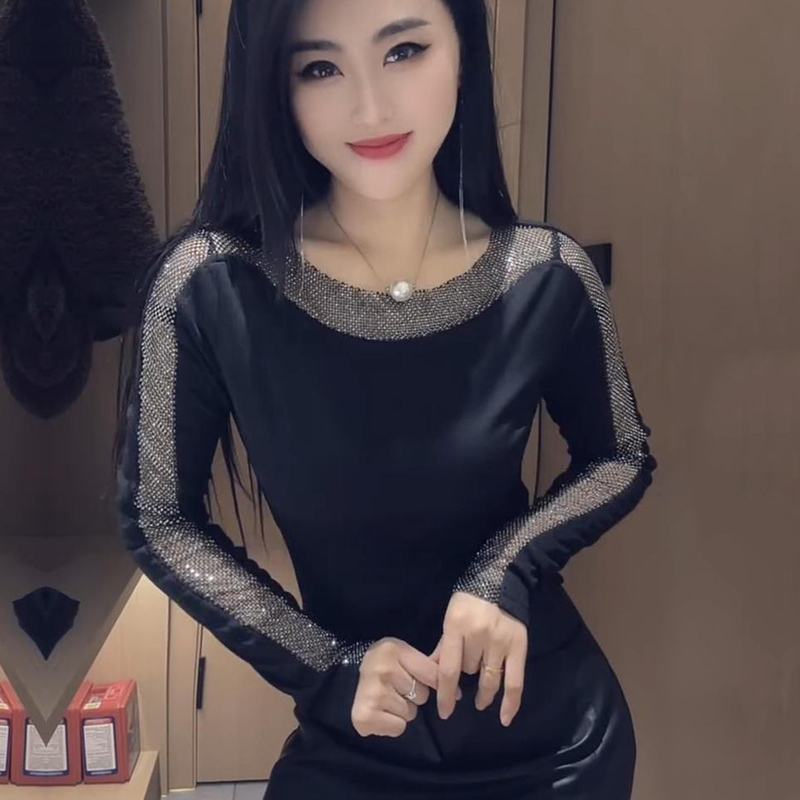 European-Style High-End Fashion Long-Sleeve T-Shirt for Women, 2026 Autumn New Model, Shiny Mesh Splicing Design, Slim-Fitting Top