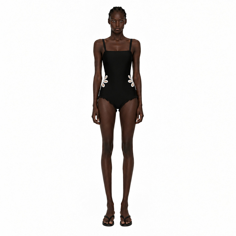 Kaiora Elegant Style Black Square Neck One-Piece Swimsuit Women Sleeveless Petal Decoration Slim Fit Competitive Swimwear Kaiora Elegant Style Black Square Neck One-Piece Swimsuit Women Sleeveless Petal Decoration Slim Fit Competitive Swimwear