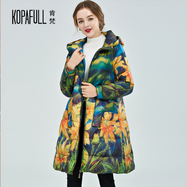 2023 winter brand printed down jacket ethnic style a-line