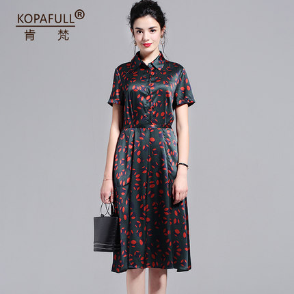 2018夏重磅真丝连衣裙女中年妈妈装气质系带