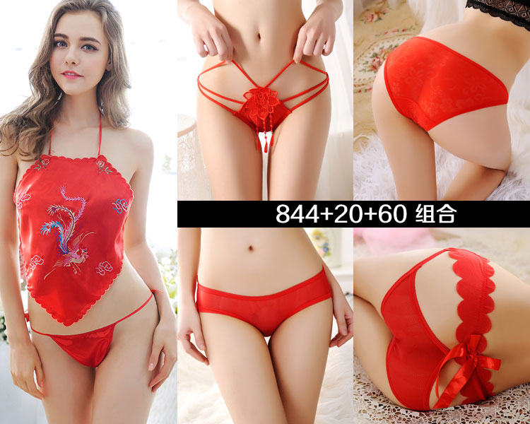 3 hộp quà tặng sexy couple wedding red tạp dề đặt tam giác đồ lót nữ T-Shirt cám dỗ ren đồ lót