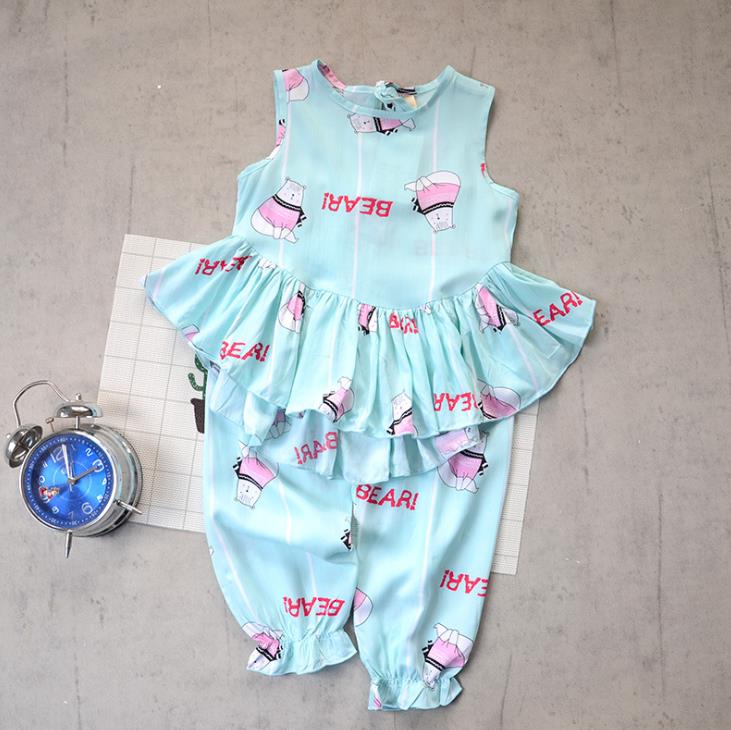 Summer girl cotton silk vest pants suit thin children pyjamas air conditioning clothes baby cotton artificial cotton home clothes