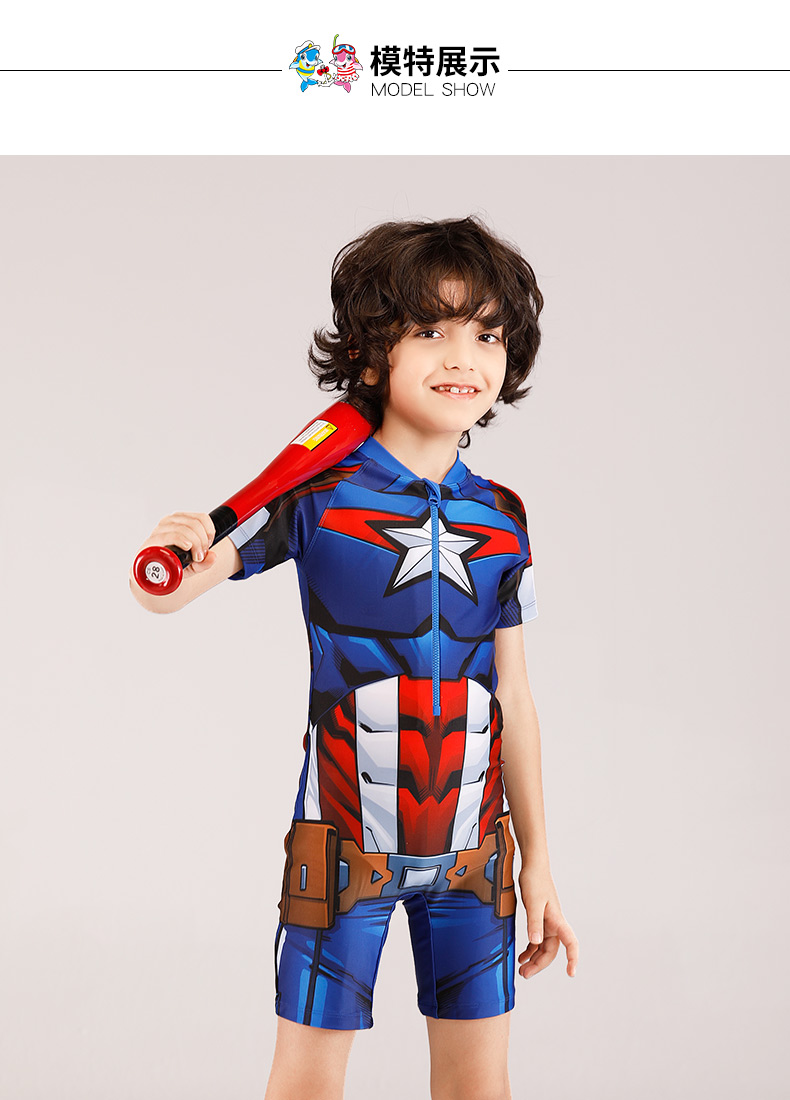 Áo tắm trẻ em mới của Chau Ke Đồ bơi người nhện Marvel đội trưởng đội kem chống nắng cậu bé lớn của Mỹ - Bộ đồ bơi của Kid áo bơi trẻ em