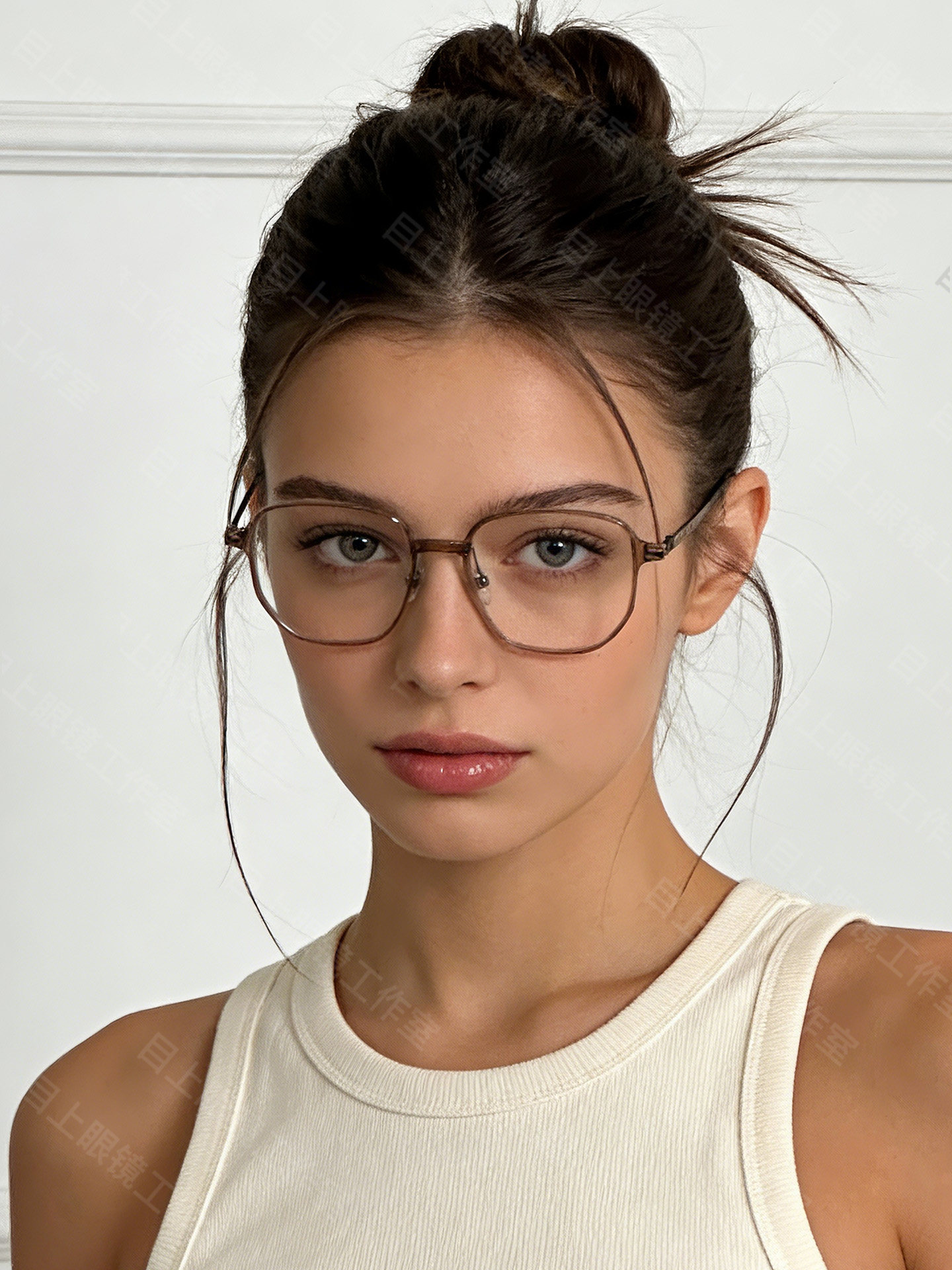 Ultra-Light Titanium Large-Frame Cold Tea-Colored Myopia Glasses for Women, Can Be Customized with Prescription, Natural Look, Polygonal Eyeglass Frame